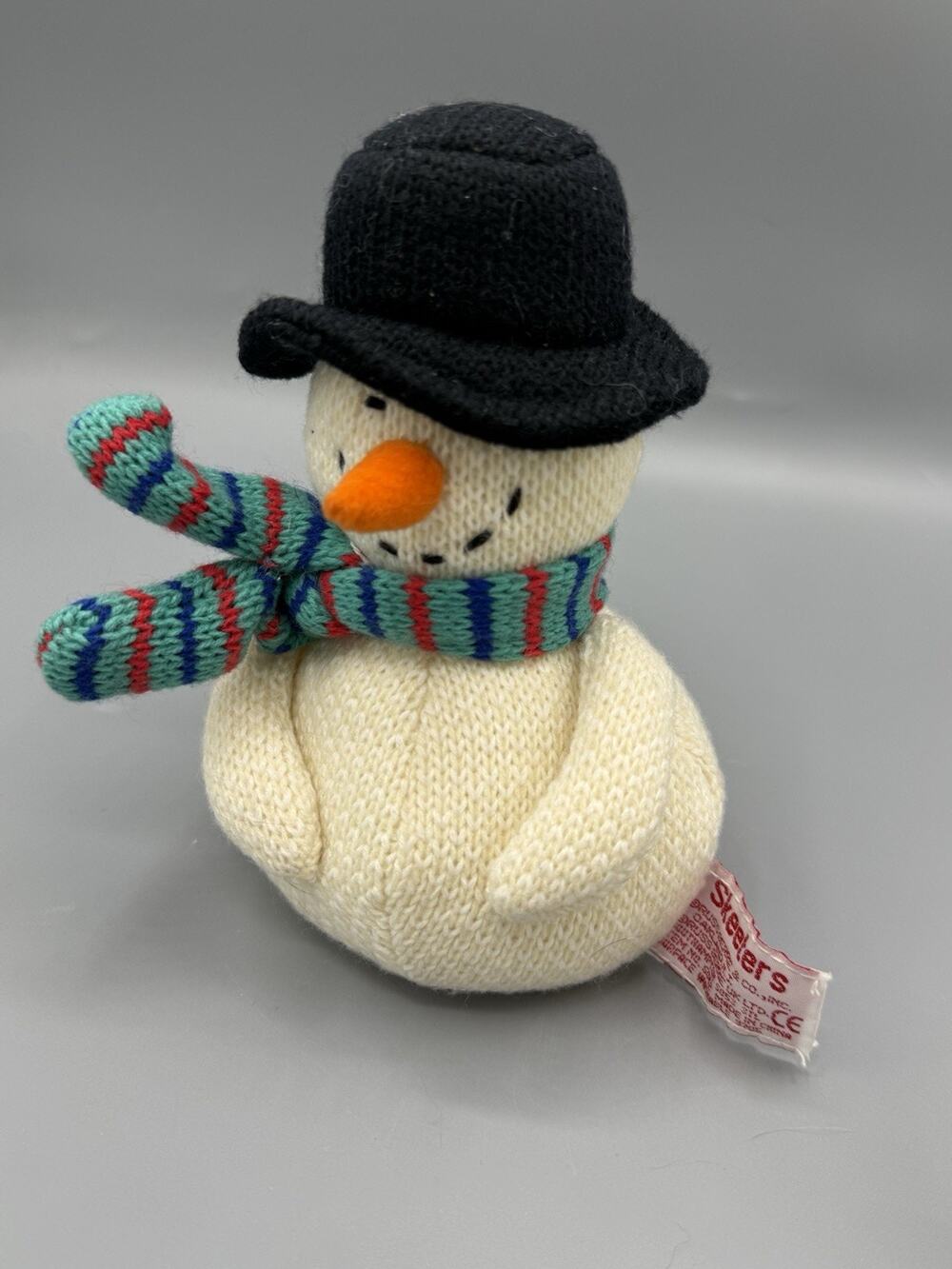 Vintage Russ Berrie Snowman Plush Knit Black Top Hat Striped Scarf 6”